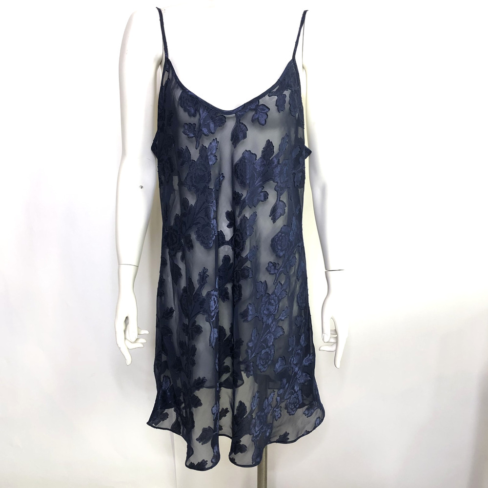 Expressions Vintage Y2K Large Sheer Floral Lace Babydoll Mini Slip Dress Blue